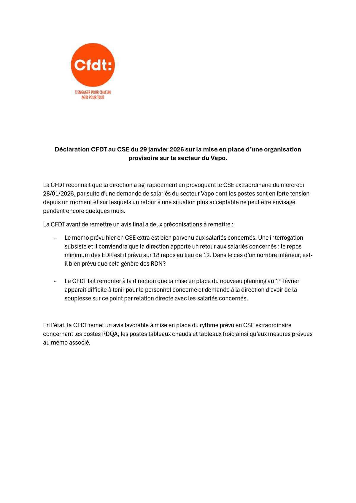 CSE du 29 janvier 2026 - Débrief CFDT CSE du 29 janvier 2026 - Débrief CFDT