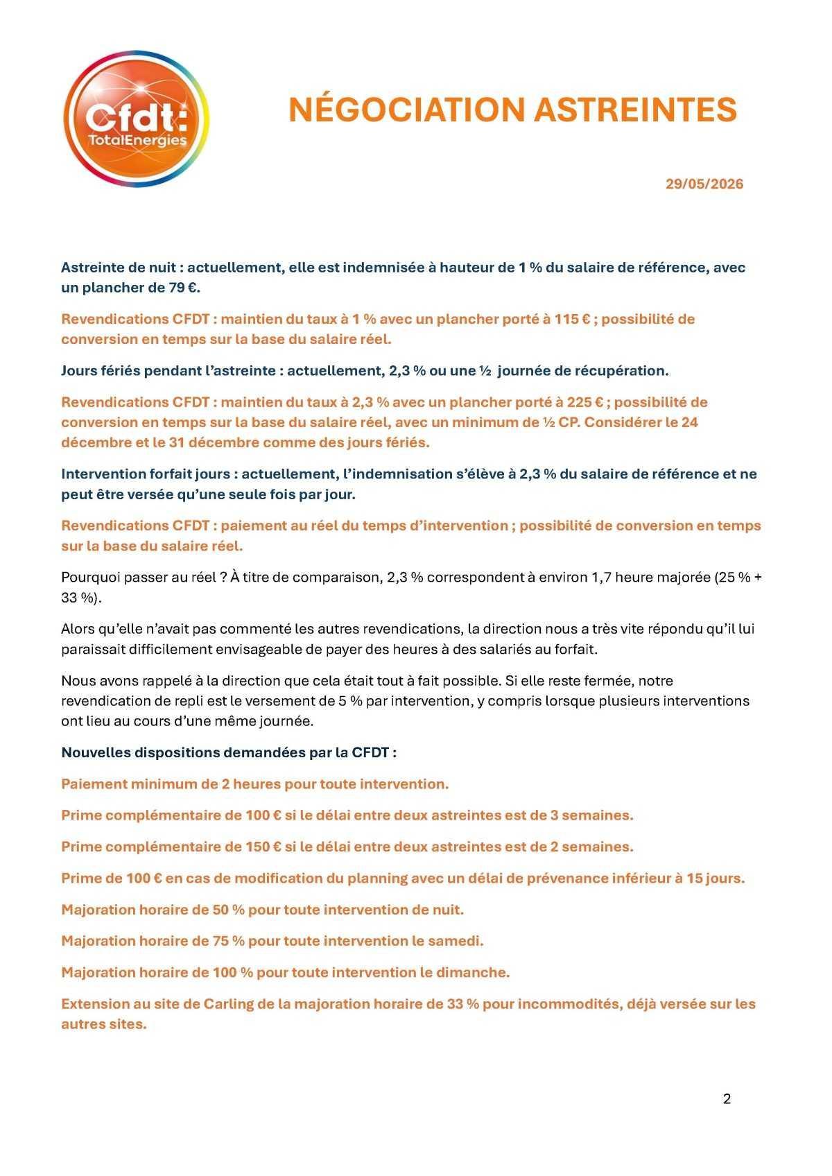 Négociation astreintes - réunion du 26/05/26