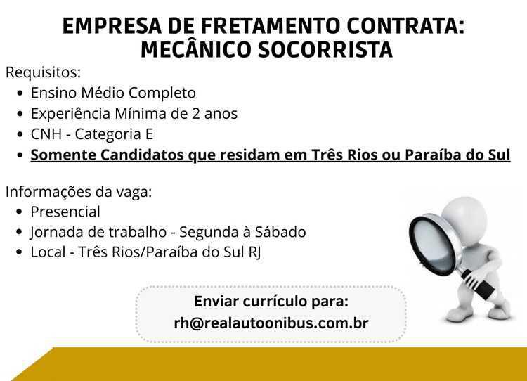 Real Auto Ônibus disponibiliza vaga de supervisor operacional e mecânico socorrista para Três Rios e Paraíba do Sul