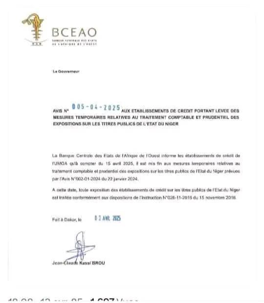 La BCEAO vient d’annoncer la fin des mesures temporaires de soutien appliquées aux titres publics de l’État du Nige