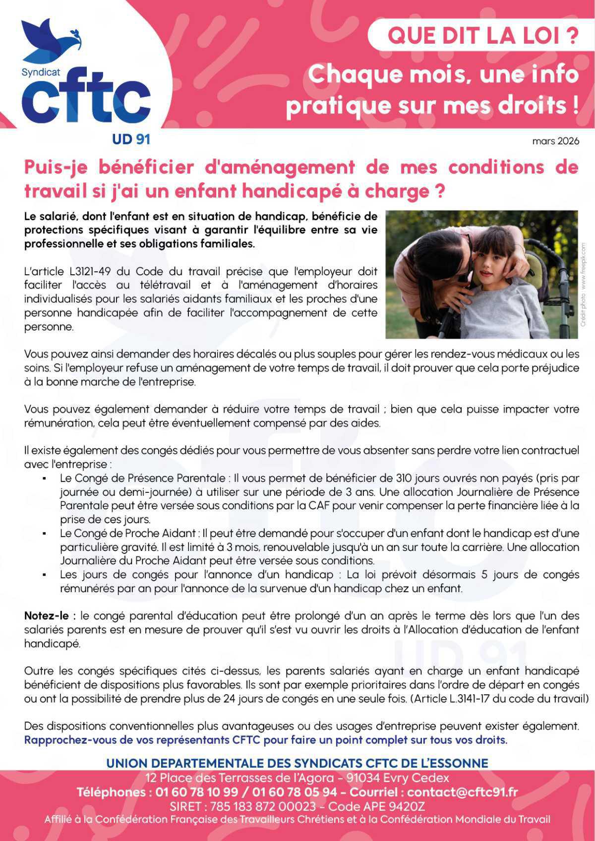 Puis-je bénéficier d'aménagement de mes conditions de travail si j'ai un enfant handicapé à charge ?