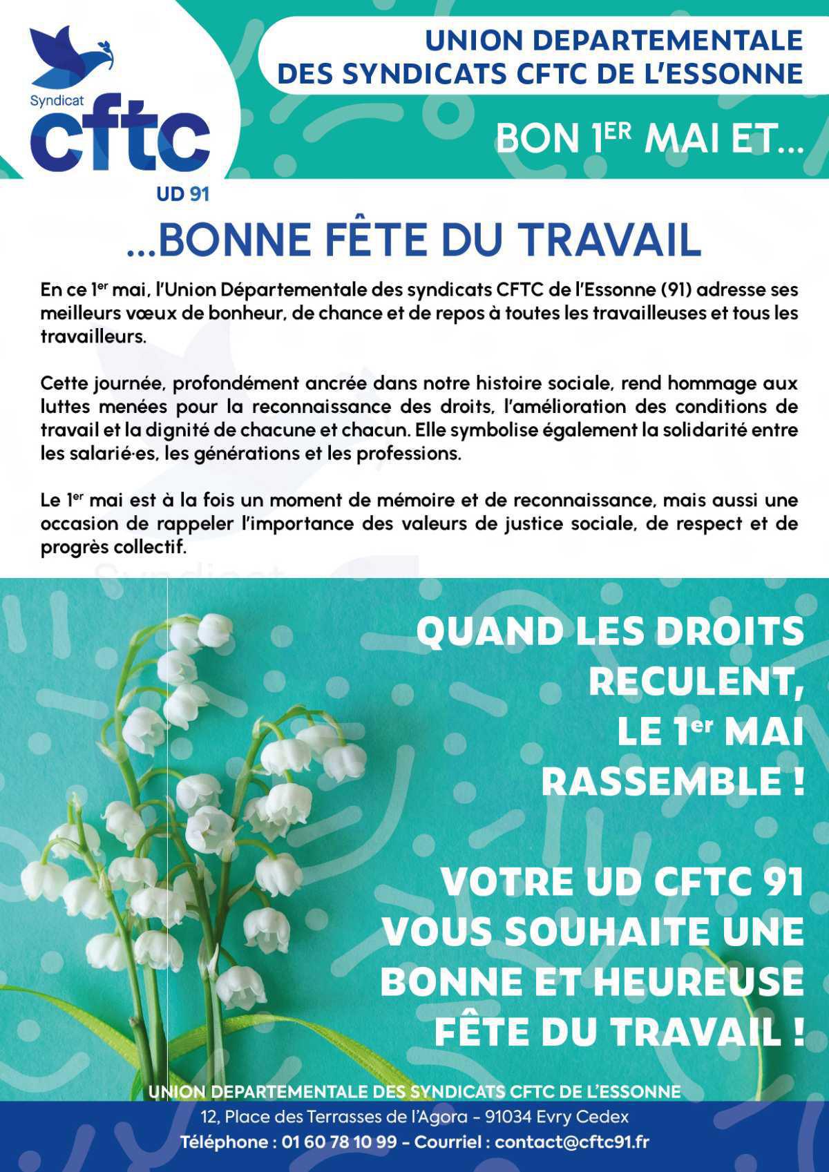 Votre UD CFTC 91 vous souhaite une bonne fête du travail