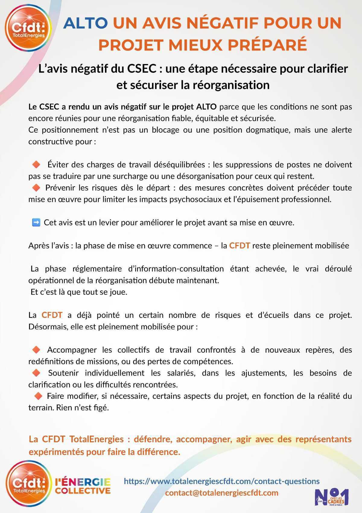 Projet ALTO : avis négatif du CSEC !