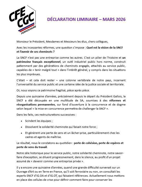 Déclaration liminaire de mars 2026