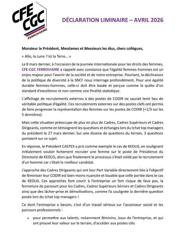 CSE Déclaration liminaire Avril 2026