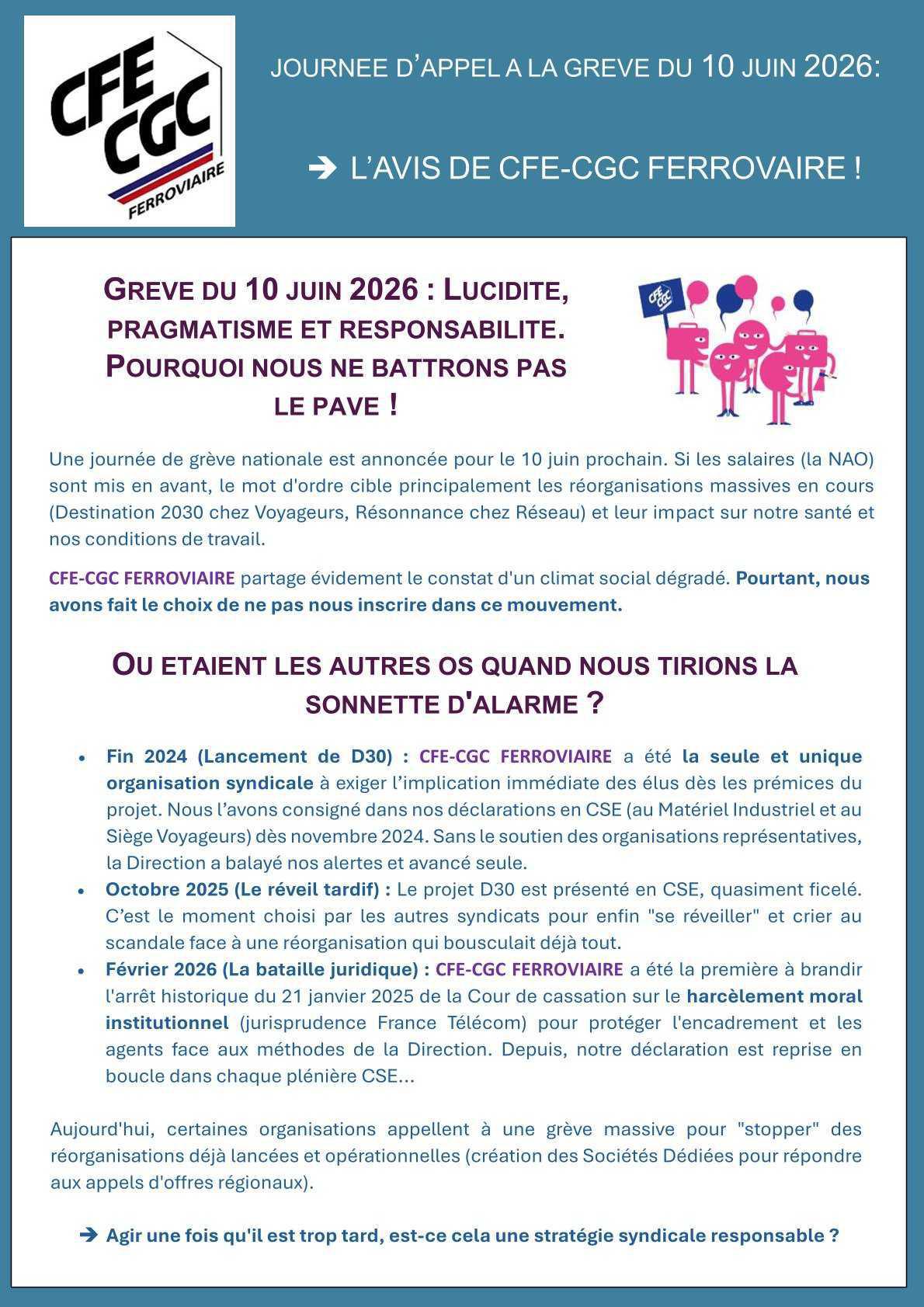 L'avis de CFE-CGC FERROVIAIRE sur l'appel à la grève du 10 juin
