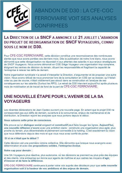 Abandon de D30: La CFE-CGC FERROVIAIRE voit ses analyses confirmées