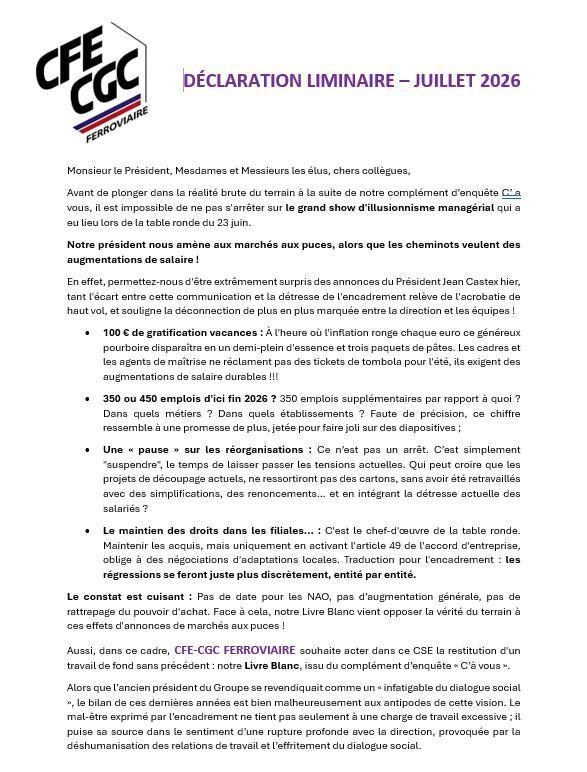 Déclaration liminaire - juillet 2026