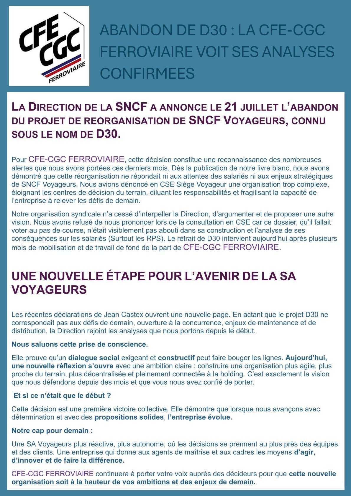 Abandon D30 : CFE-CGC FERROVIAIRE voit ses analyses confirmées