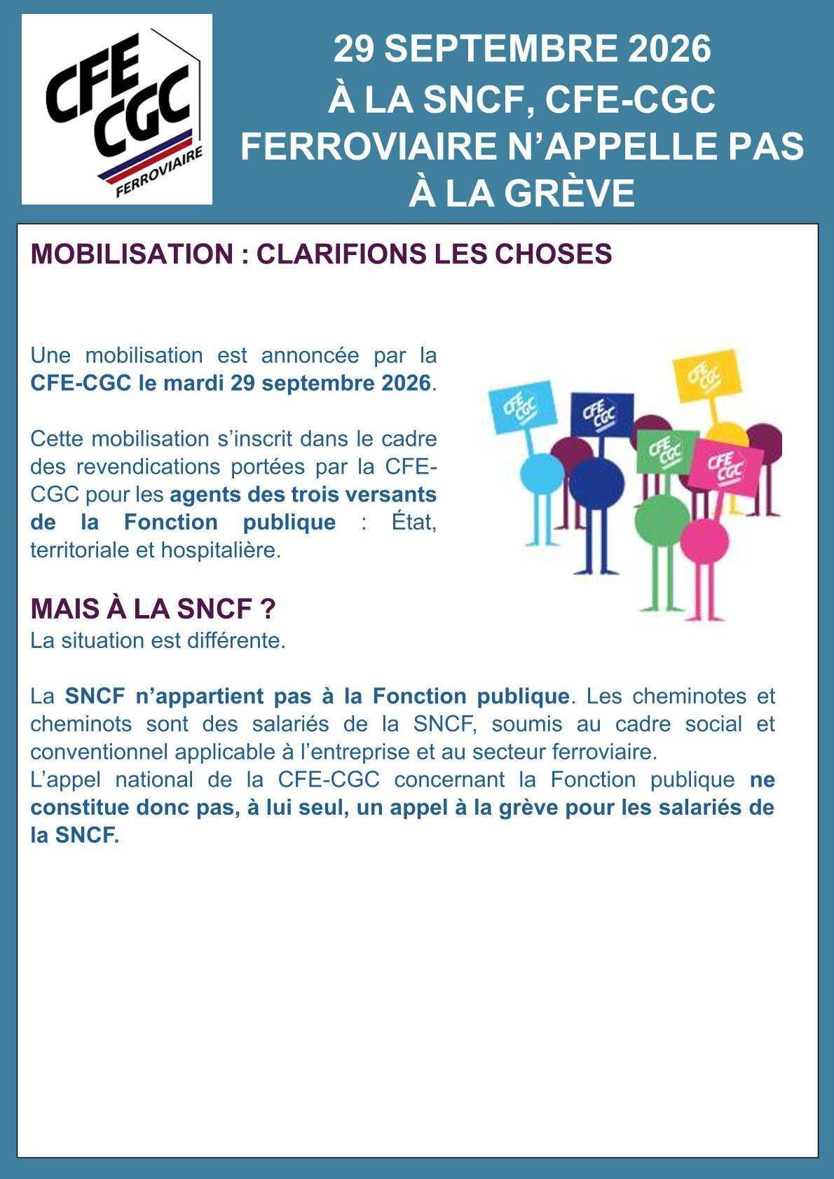 29 septembre 2026 à la SNCF, CFE-CGC FERROVIAIRE n'appelle pas à la grève