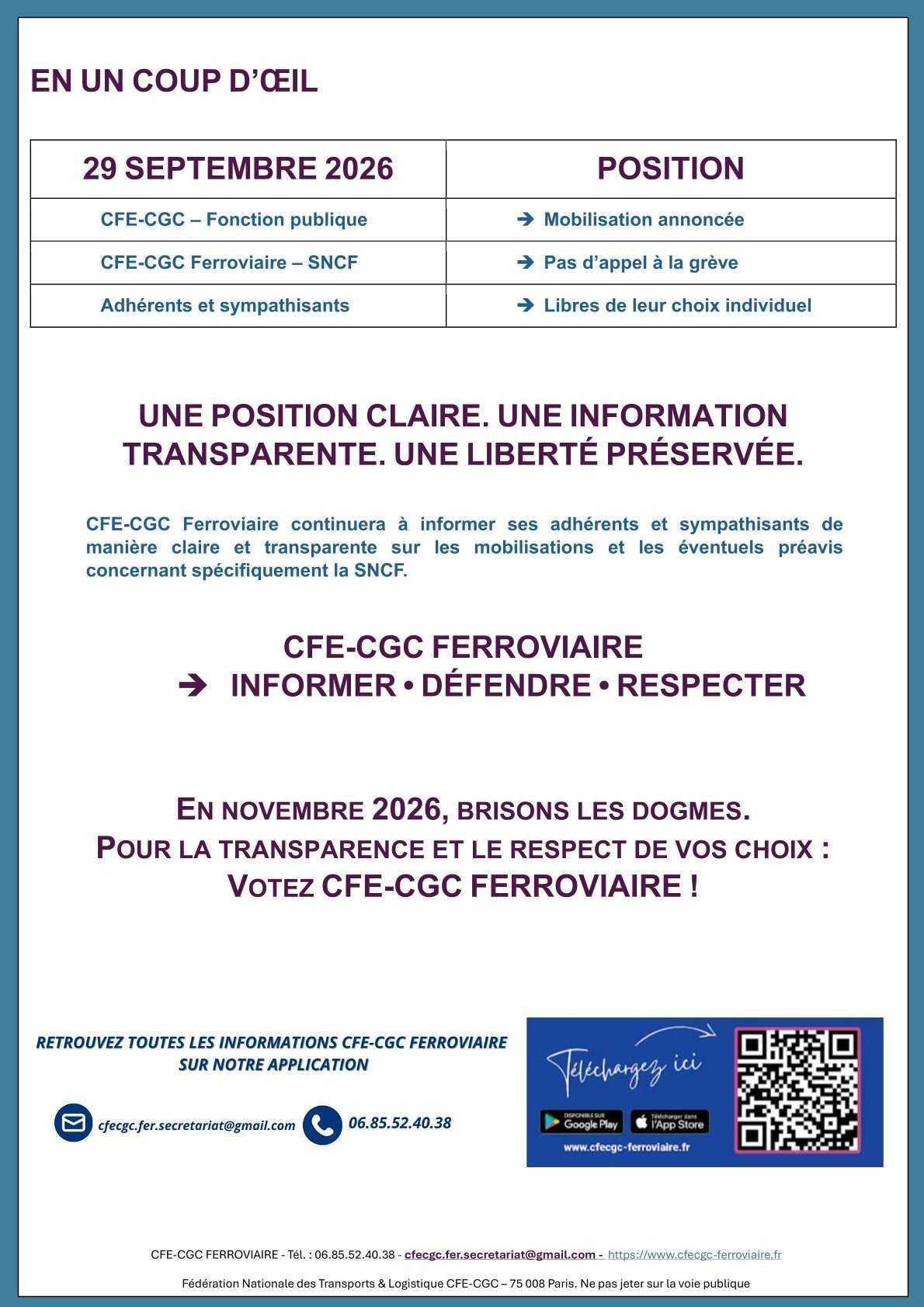 29 septembre 2026 à la SNCF, CFE-CGC FERROVIAIRE n'appelle pas à la grève