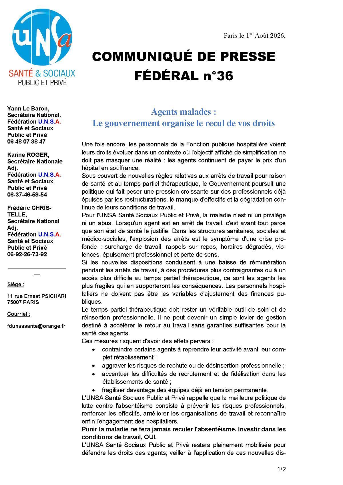 Communiqué Fédéral - Arrêt de travail