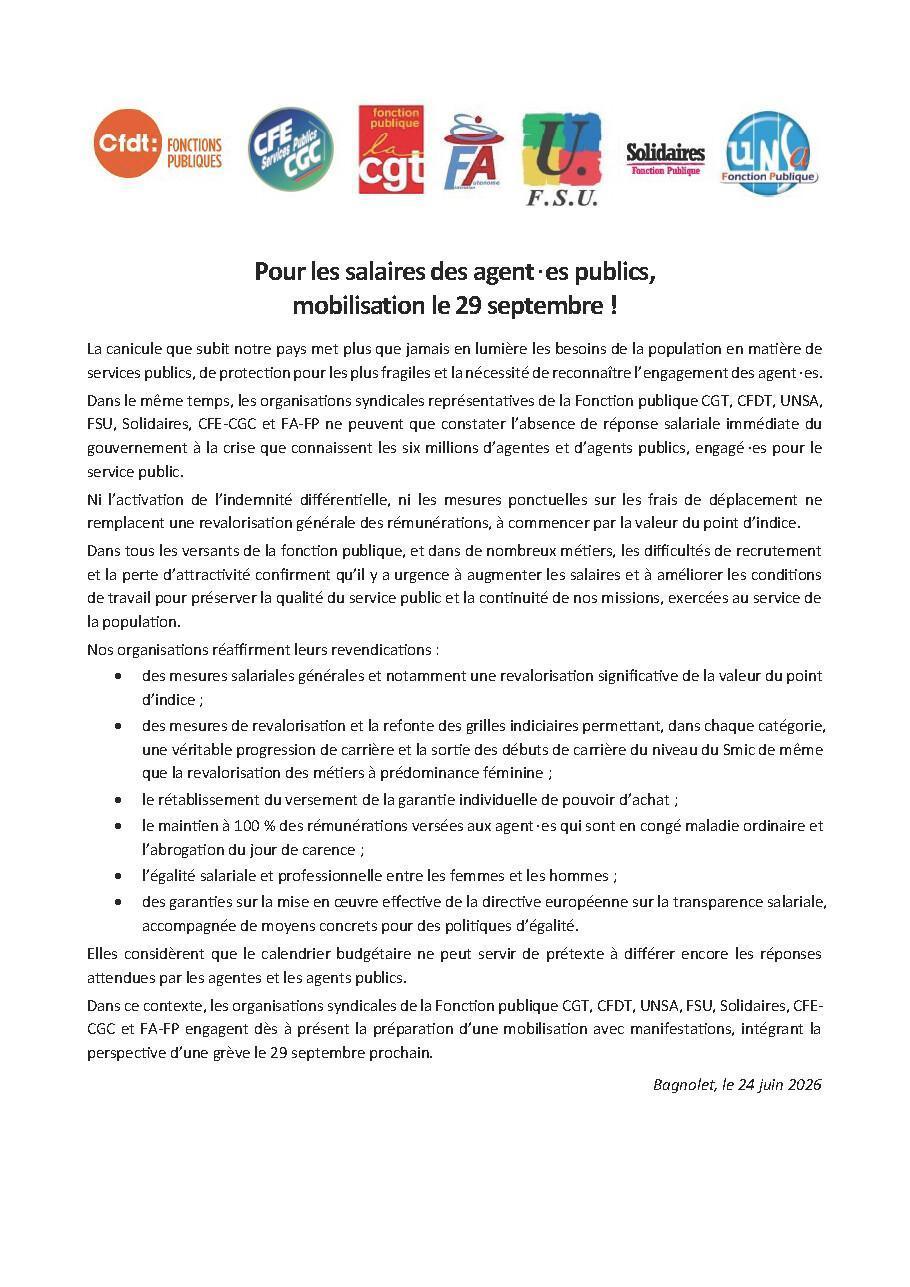 Communiqué Fonction Publique - Appel à la mobilisation 29 septembre 2026