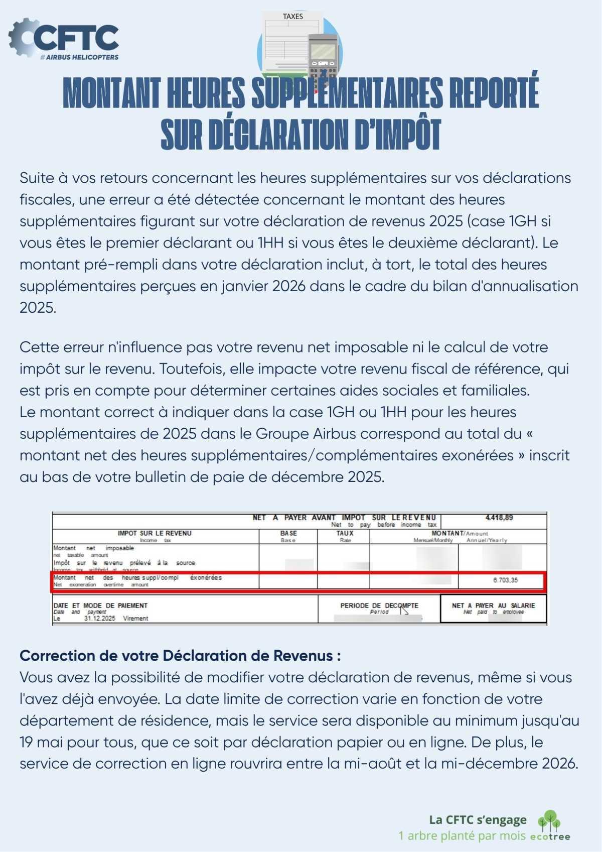Montant heures supplémentaires reporté sur déclaration d’impôt