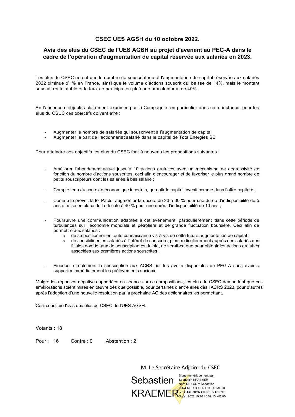 CSEC "Avenant au PEG-A 2023" - Remise d'avis des élus