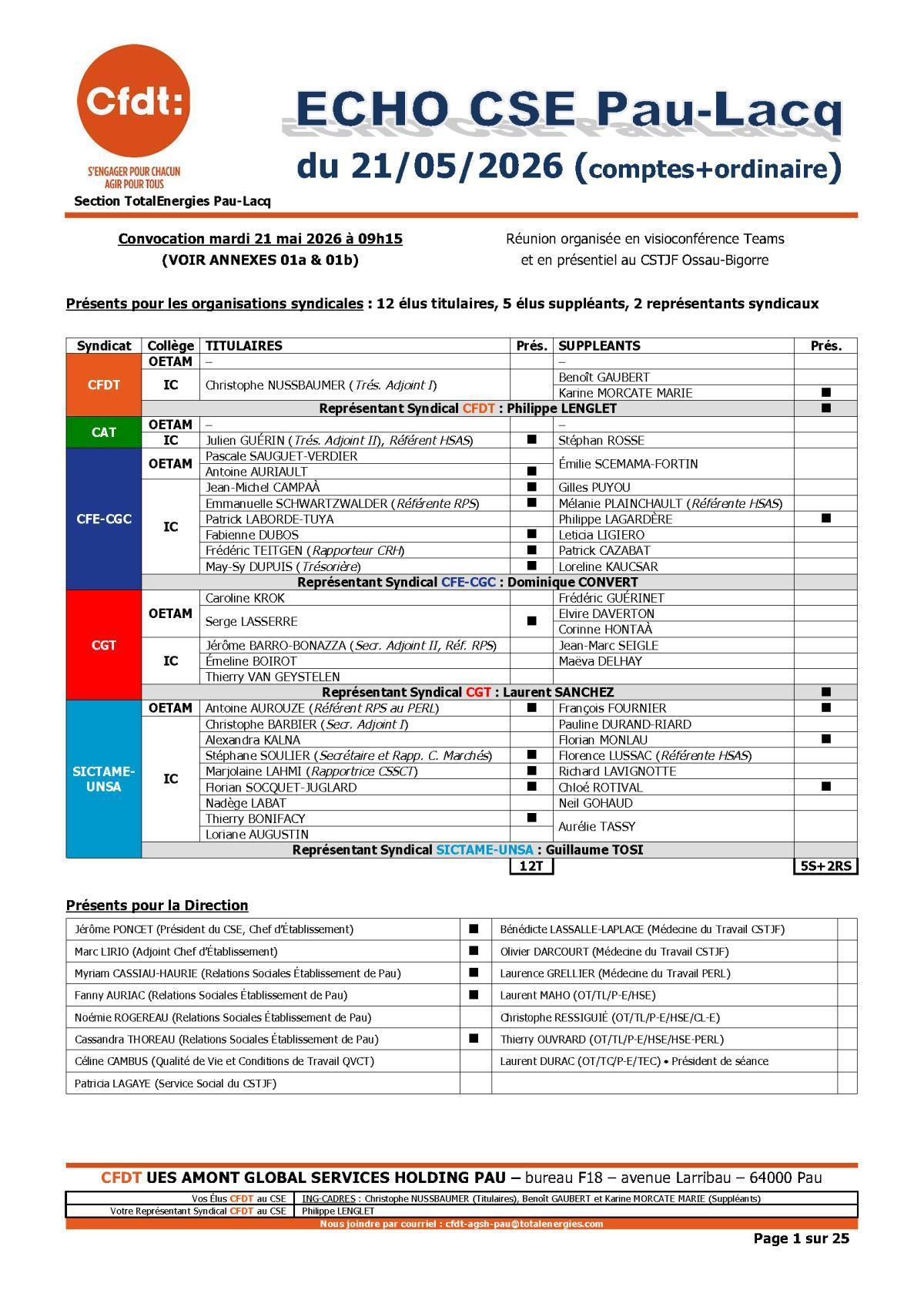 Compte Rendu CFDT • CSE Pau, mardi 21 mai 2026