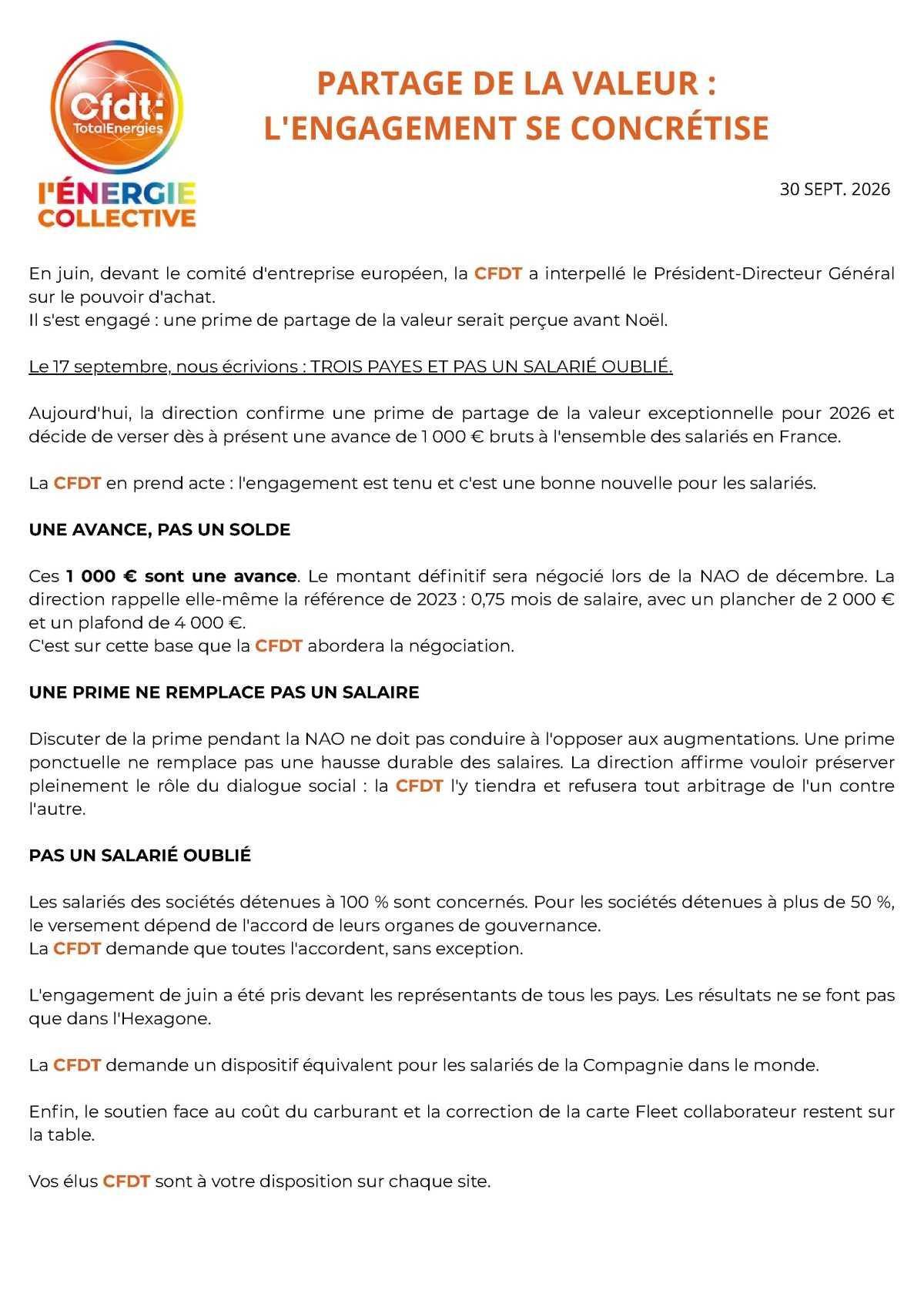 PARTAGE DE LA VALEUR : l'engagement se concrétise...