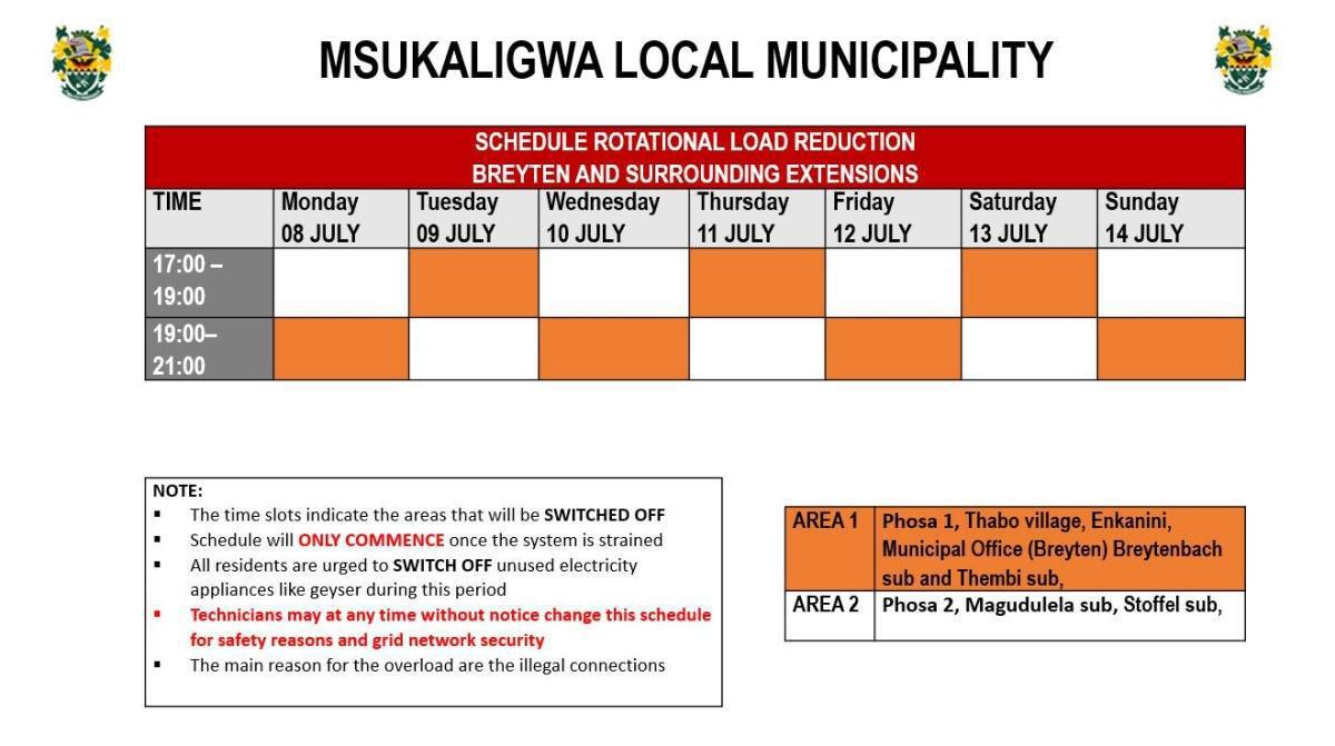 Load reduction schedule: 8 July - 14 July 2024