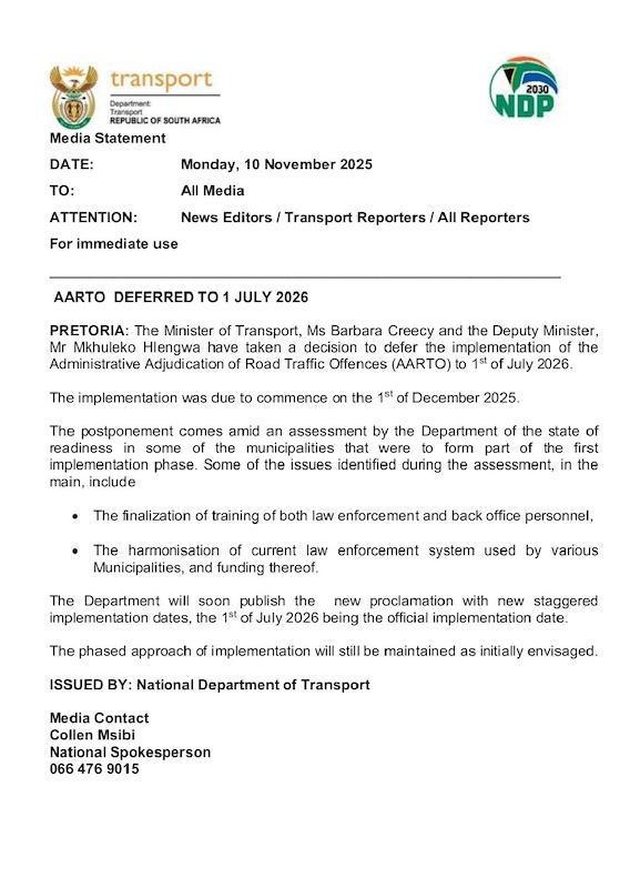 Government Delays AARTO Rollout to July 2026 Government Delays AARTO Rollout to July 2026