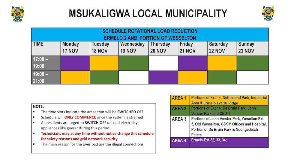 Load Reduction Schedule Issued for Ermelo and Surrounding Areas 