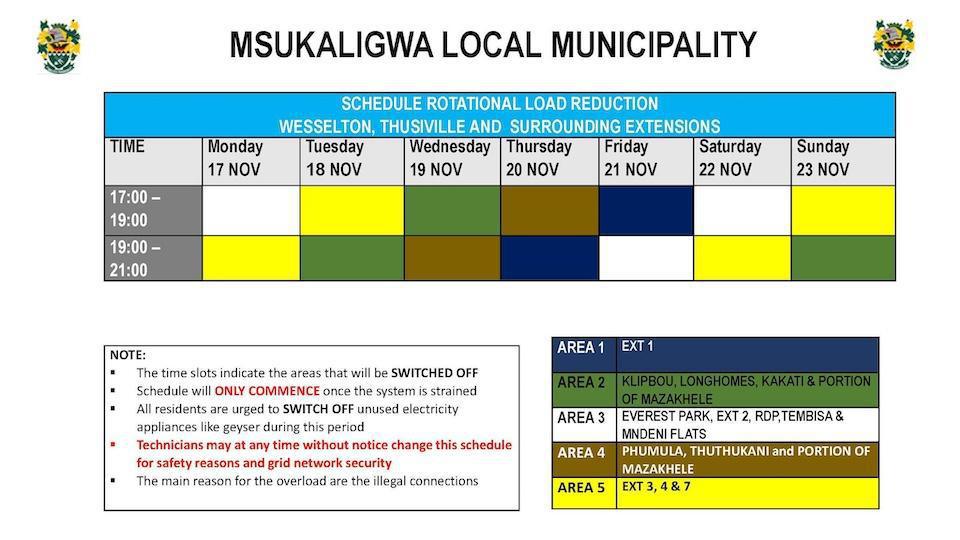 Load Reduction Schedule Issued for Ermelo and Surrounding Areas Load Reduction Schedule Issued for Ermelo and Surrounding Areas
