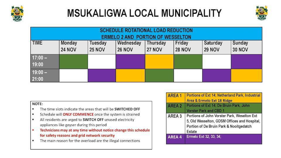Load Reduction Schedule Issued for Ermelo and Surrounding Areas Load Reduction Schedule Issued for Ermelo and Surrounding Areas