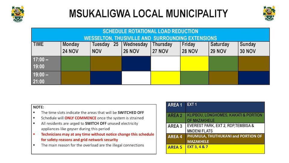 Load Reduction Schedule Issued for Ermelo and Surrounding Areas Load Reduction Schedule Issued for Ermelo and Surrounding Areas