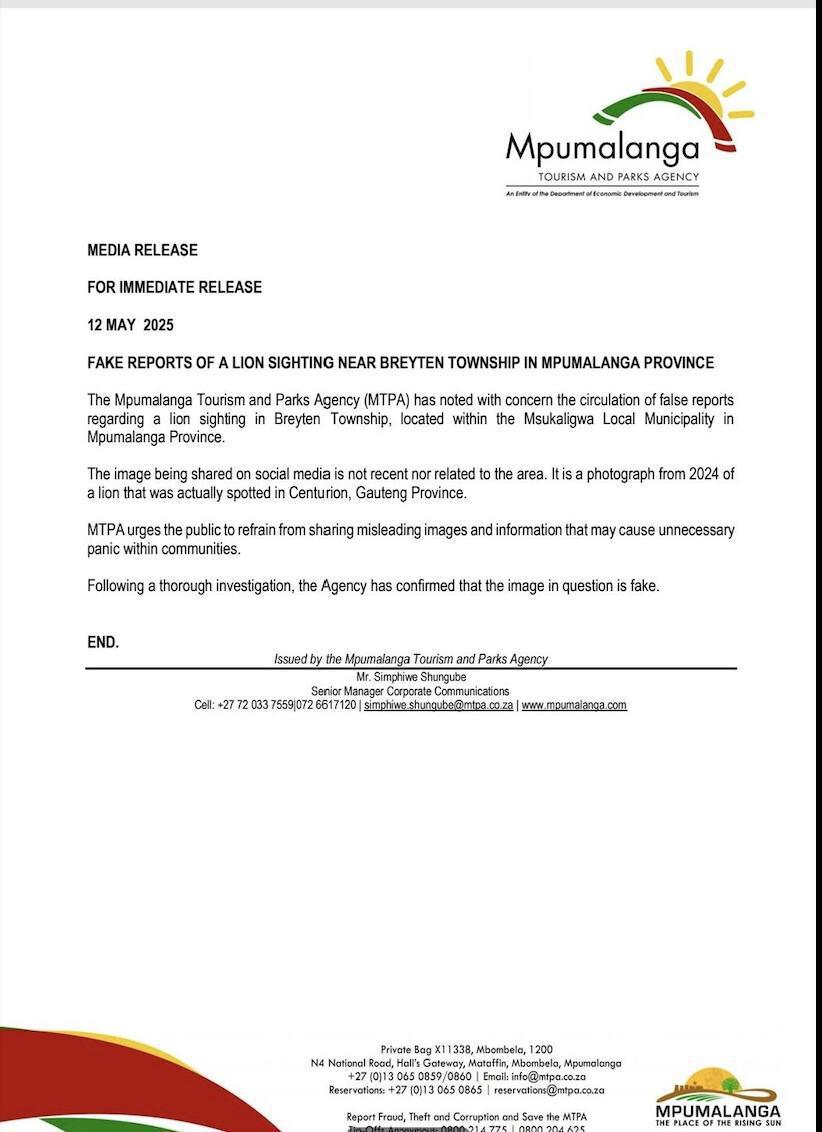MTPA Confirms: Viral Lion Photo Not Linked to Breyten Sighting