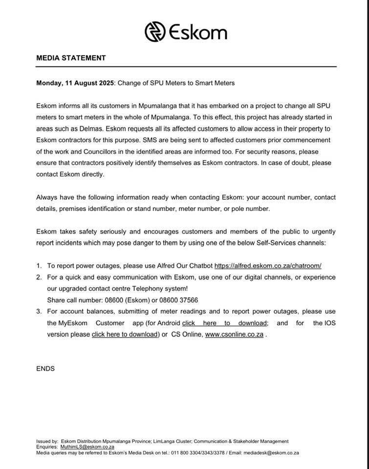 Beware of Impostors: Eskom Meter Teams to Visit Mpumalanga Homes