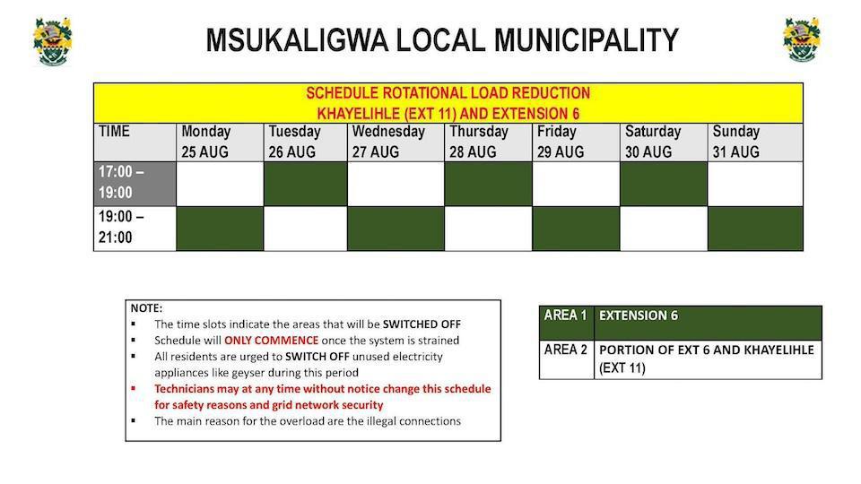 Load Reduction Schedule 25-31Aug