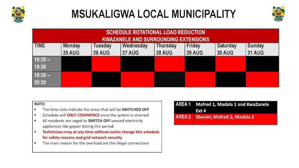 Load Reduction Schedule 25-31Aug