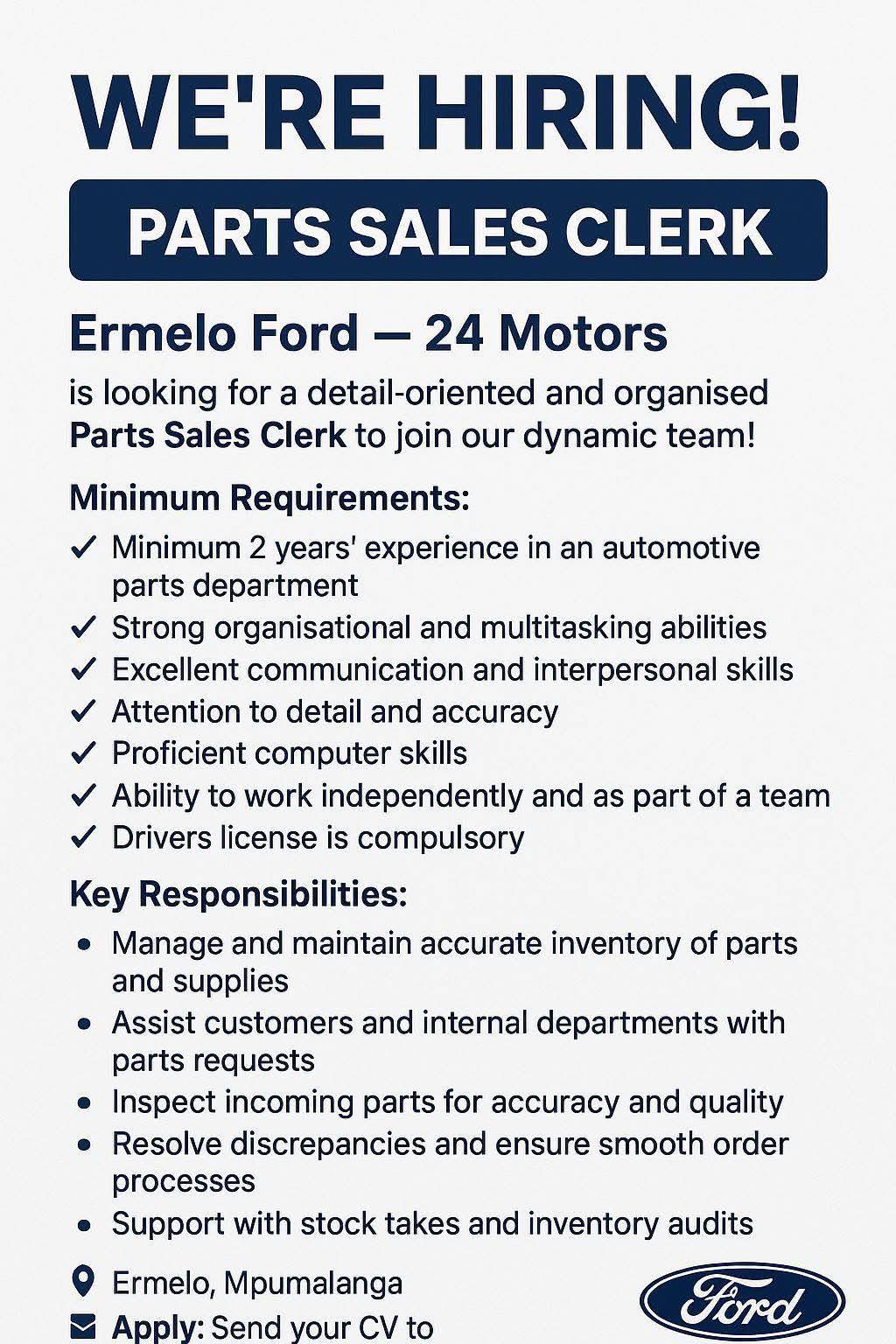 VACANCY: PARTS SALES CLERK – ERMELO FORD (24 Motors)
