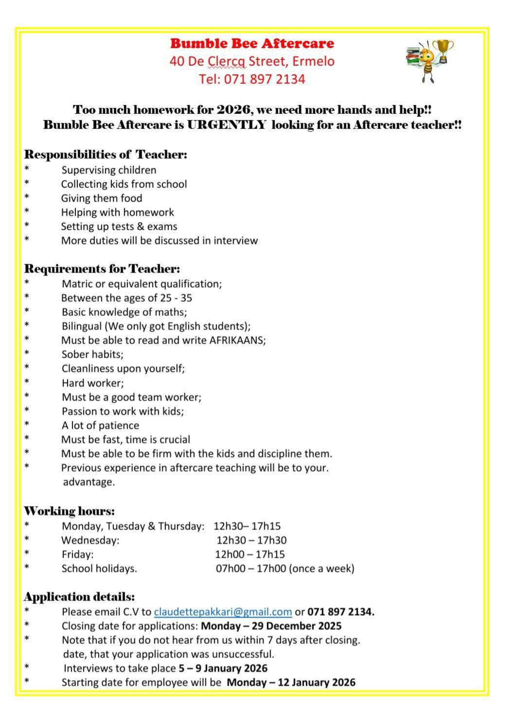 VACANCY: AFTERCARE TEACHER – BUMBLE BEE AFTERCARE (Ermelo)