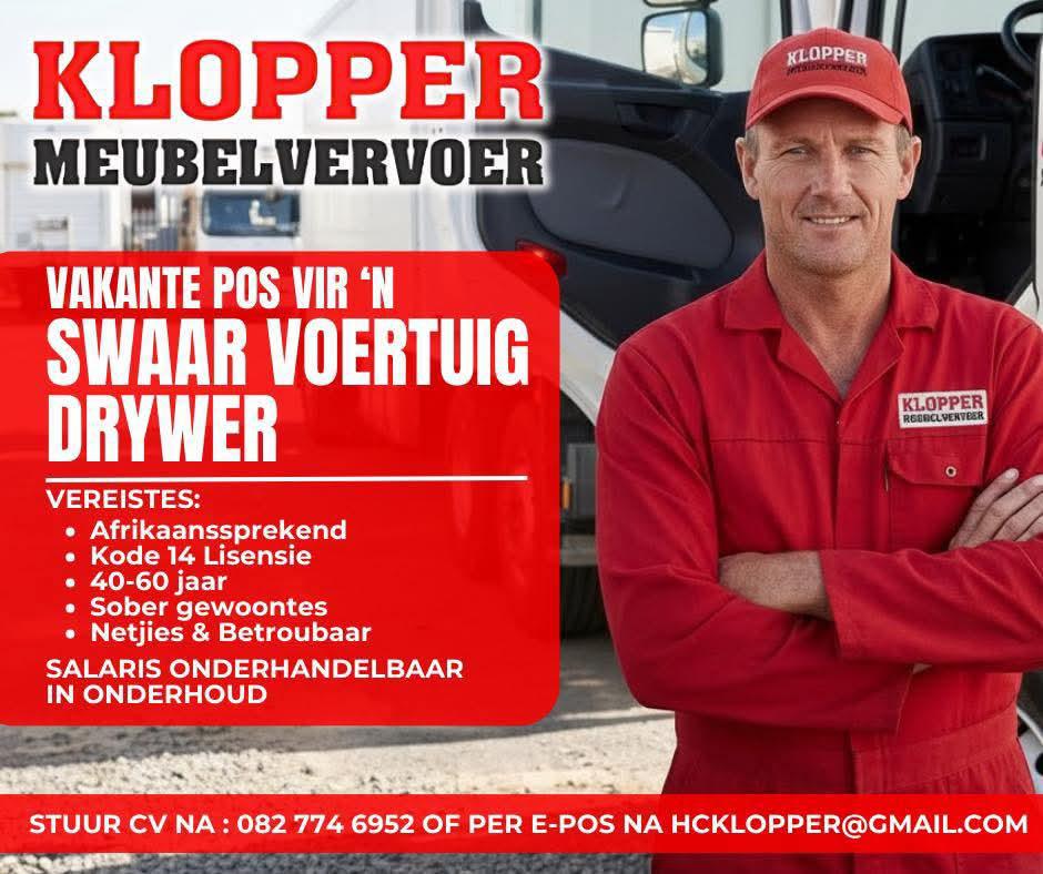 Vakature: Swaar Voertuig Drywer – Klopper Meubelvervoer Vakature: Swaar Voertuig Drywer – Klopper Meubelvervoer