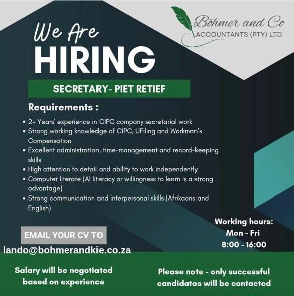 VACANCY: SECRETARY – PIET RETIEF VACANCY: SECRETARY – PIET RETIEF
