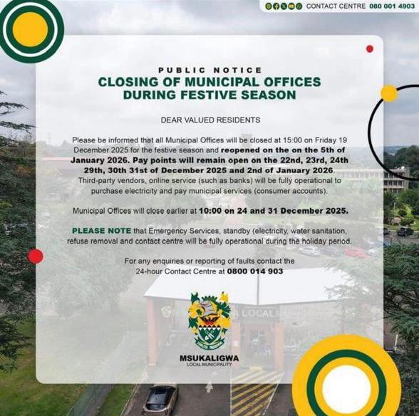 Municipal Offices to Close During Festive Season