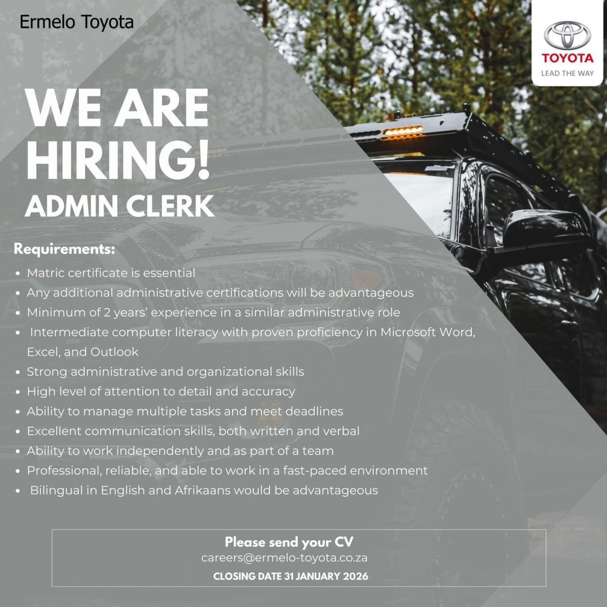 Vacancy: Admin Clerk – Ermelo Toyota Vacancy: Admin Clerk – Ermelo Toyota