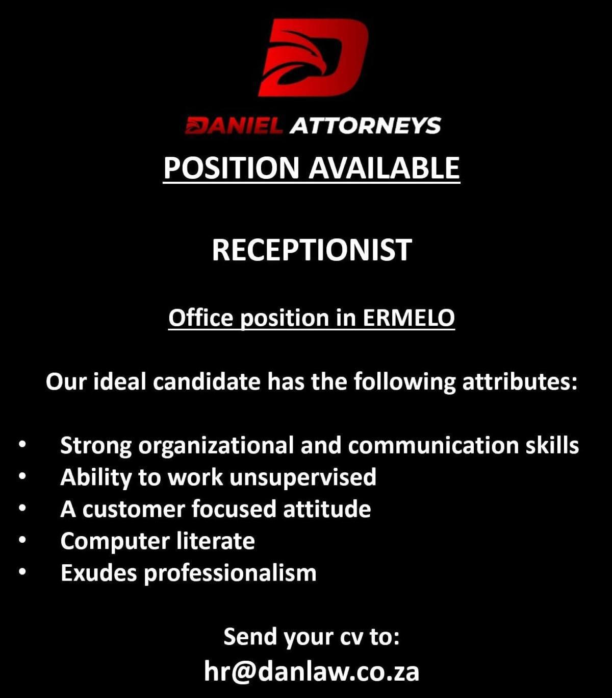 Vacancy: Receptionist – Ermelo Vacancy: Receptionist – Ermelo