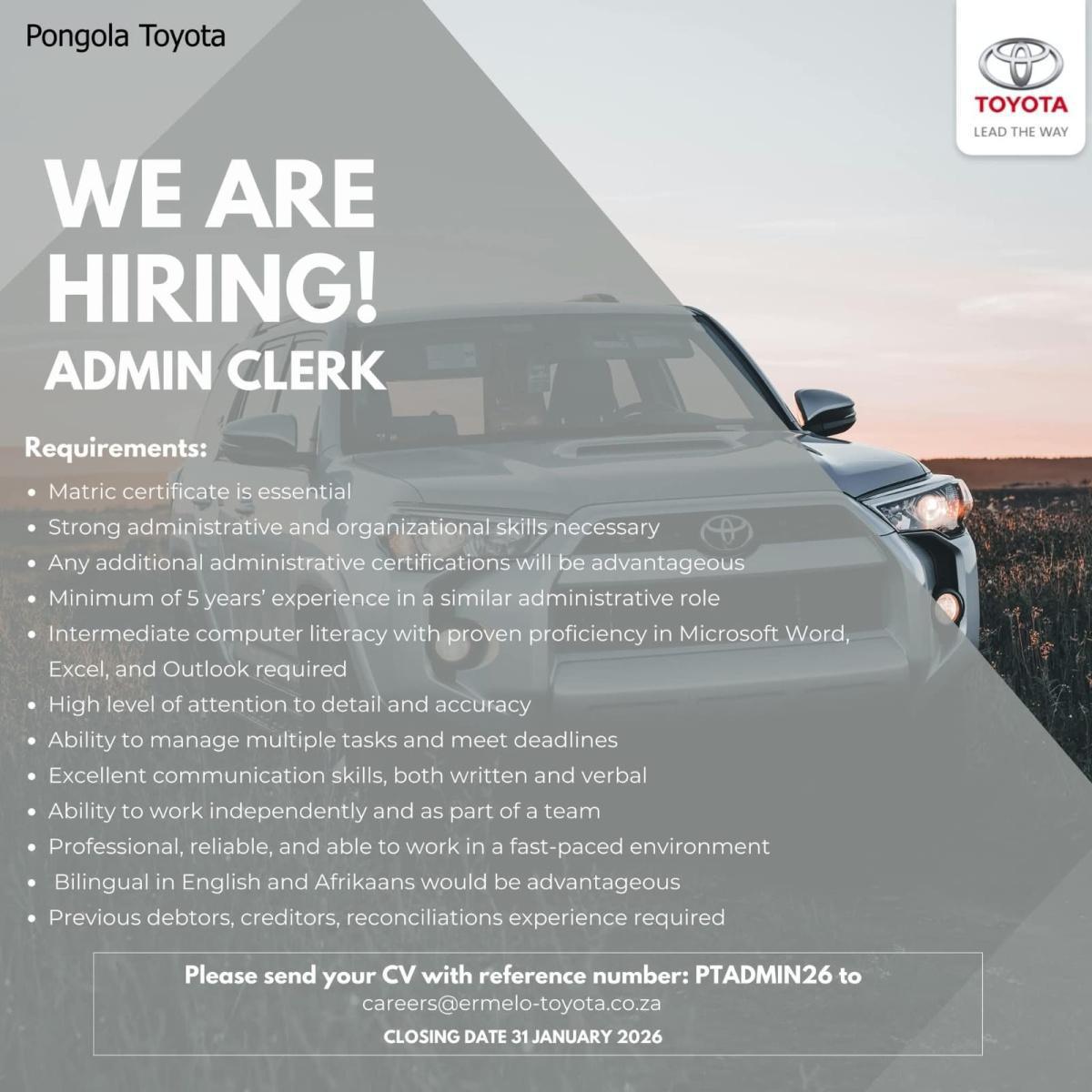 Vacancy: Admin Clerk – Pongola