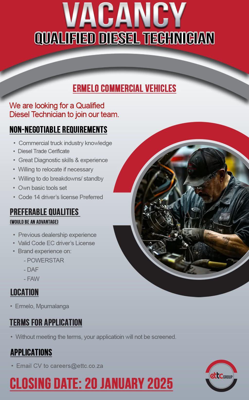 Vacancy: Qualified Diesel Technician – Ermelo