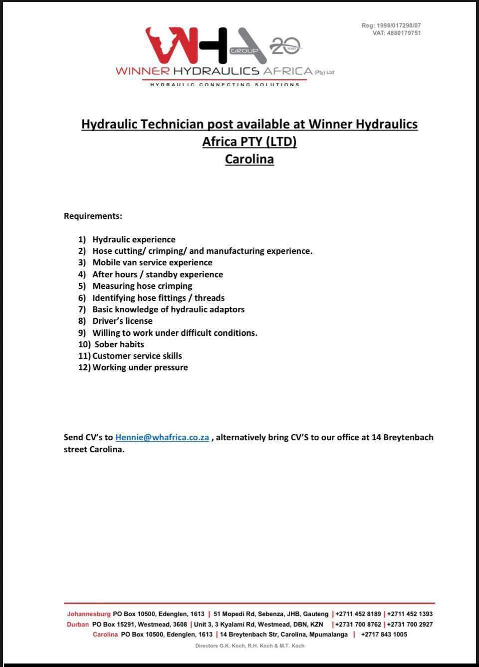 Vacancy: Hydraulic Technician – Carolina