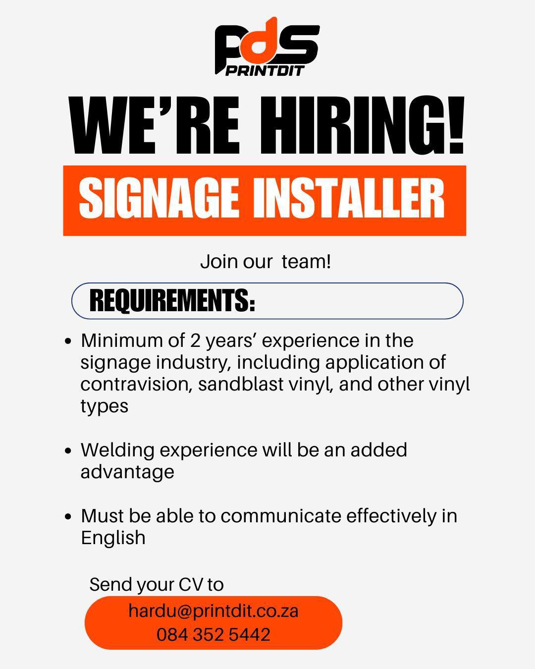 Vacancy: Signage Installer