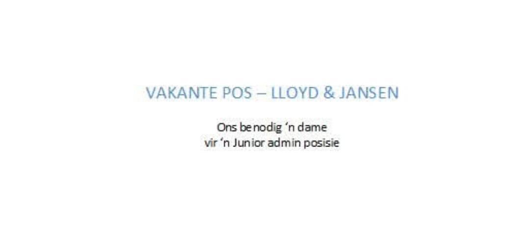 Vacancy: Junior Admin – Lloyd & Jansen