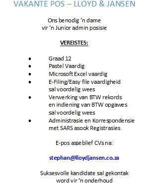 Vacancy: Junior Admin – Lloyd & Jansen