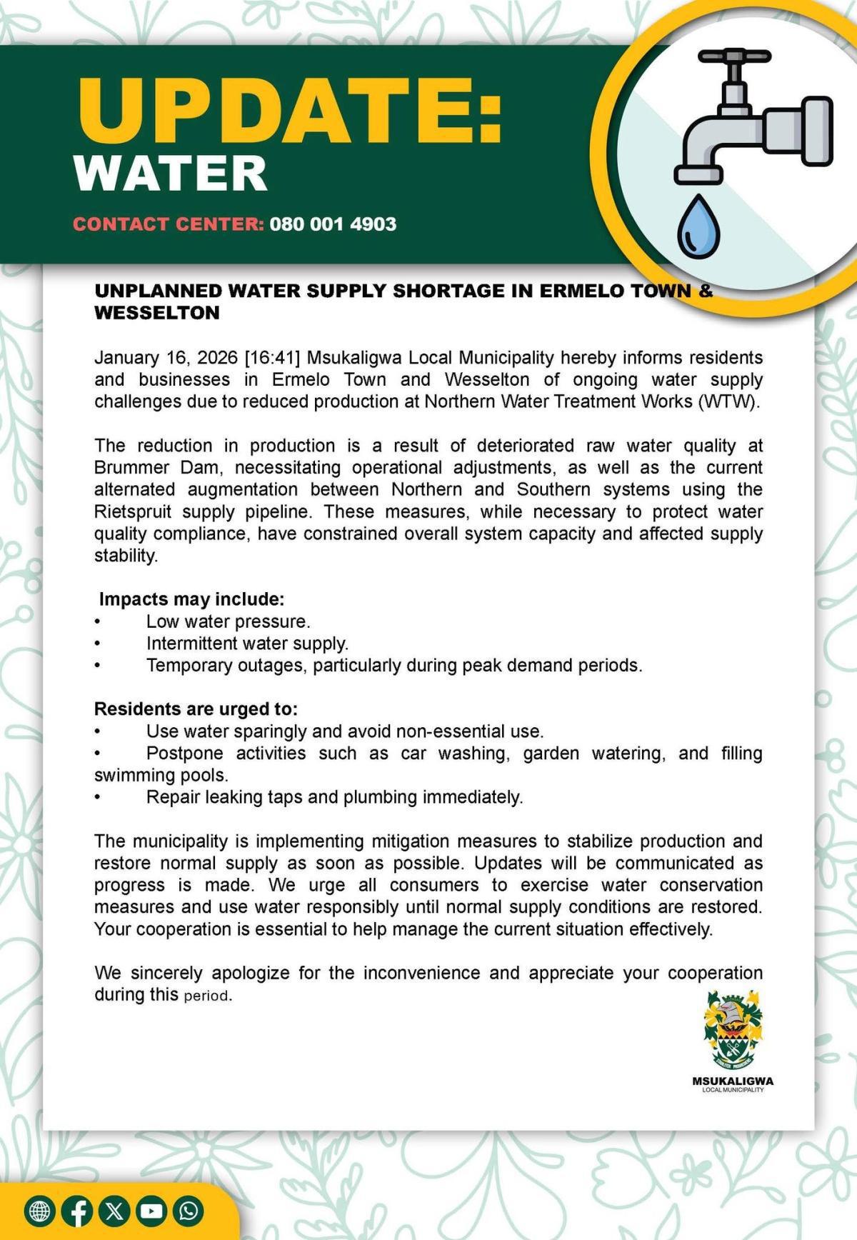 Municipality Announces Unplanned Water Shortage in Ermelo and Wesselton