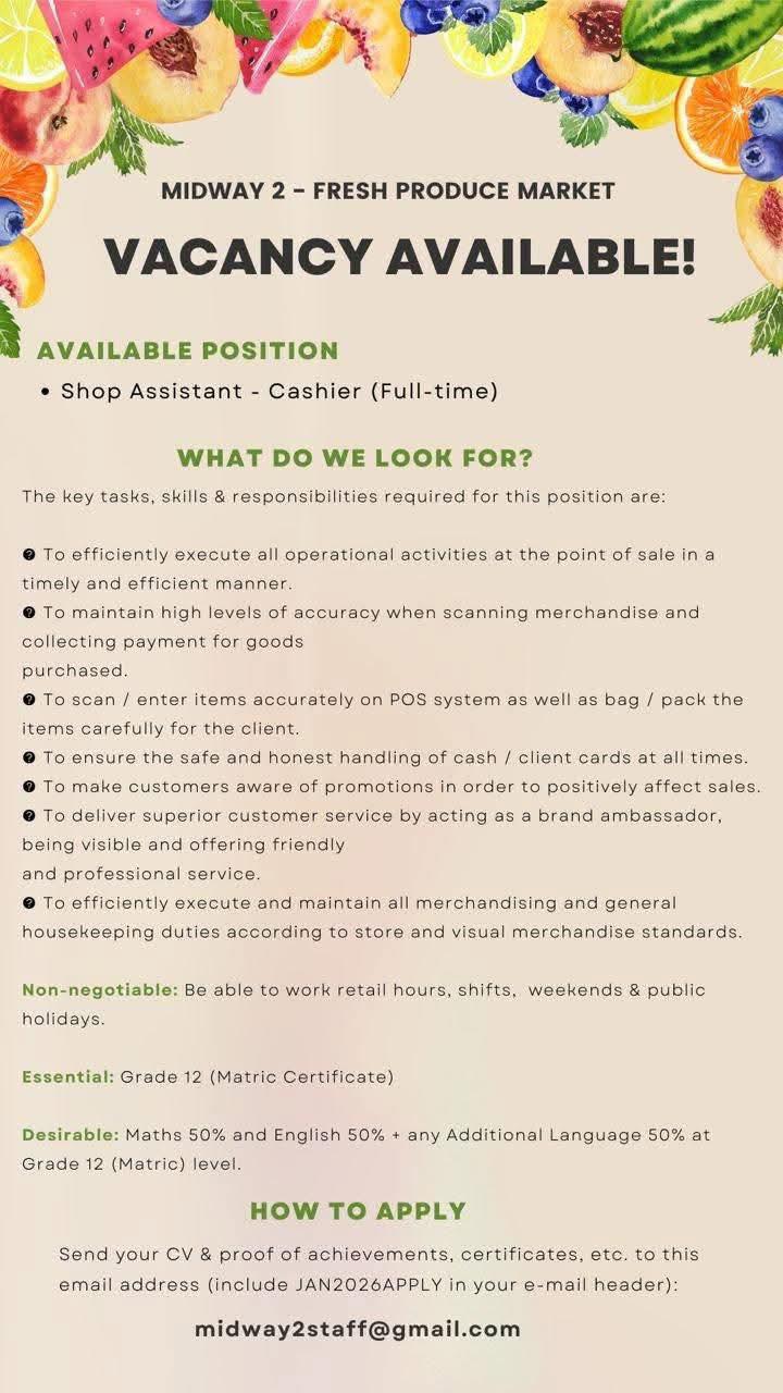 Vacancy: Shop Assistant – Cashier (Full-time) – Midway 2 Vacancy: Shop Assistant – Cashier (Full-time) – Midway 2