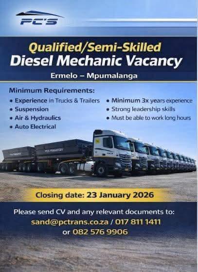 Vacancy: Qualified/Semi-Skilled Diesel Mechanic – Ermelo, Mpumalanga