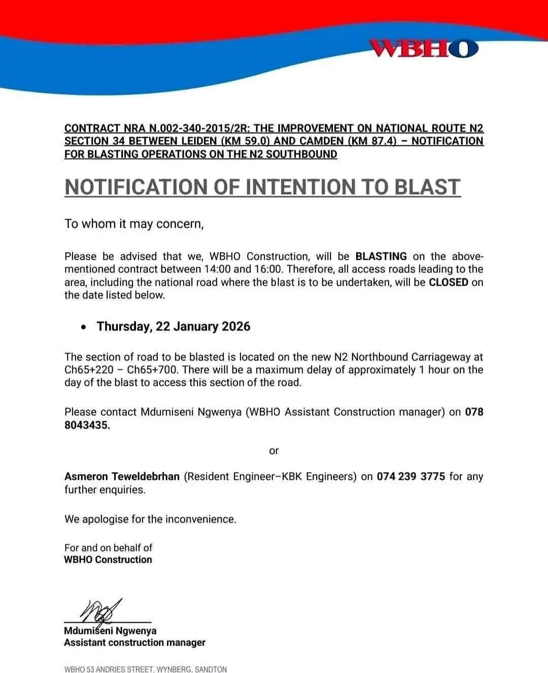 Urgent notice for motorists travelling along the Leiden & Camden route 22 January 2026 Urgent notice for motorists travelling along the Leiden & Camden route 22 January 2026