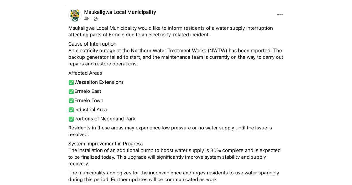 Water Supply Disruption Affects Parts of Ermelo Water Supply Disruption Affects Parts of Ermelo