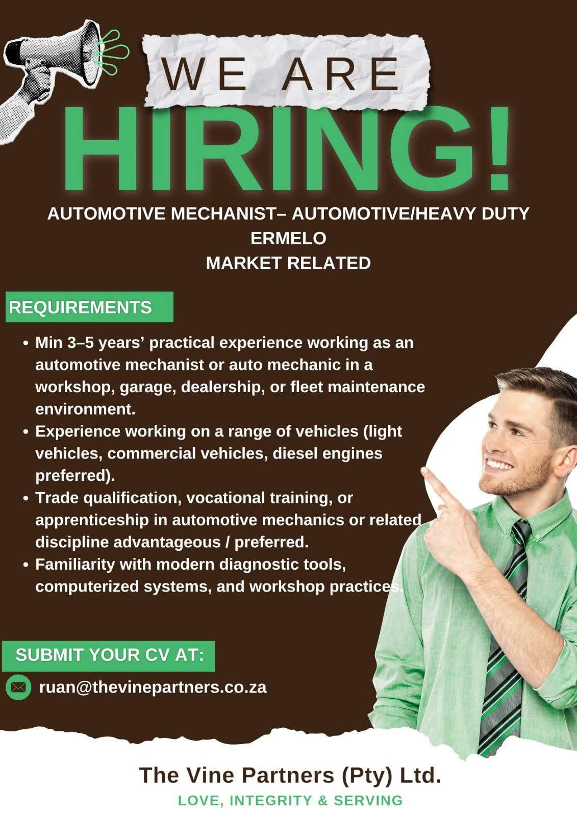 Vacancy: Automotive Mechanist – Ermelo Vacancy: Automotive Mechanist – Ermelo